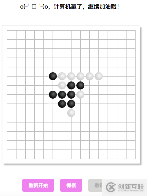 原生JS+Canvas實現(xiàn)五子棋游戲?qū)嵗?></p><p>線上體驗：https://wj704.github.io/five_game.html</p><p>主要功能模塊為：</p><p>1.人機對戰(zhàn)功能<br />2.悔棋功能<br />3.撤銷悔棋功能</p><p><strong>二、代碼詳解</strong></p><p><strong>2.1 人機對戰(zhàn)功能實現(xiàn)</strong></p><p>從效果圖可以看到，棋盤的橫豎可以放的位置為15*15，通過canvas畫棋盤：</p><pre>//繪畫棋盤
    var drawChessBoard = function(){
      for(var i = 0; i < 15; i++){
        context.moveTo(15 + i * 30 , 15);
        context.lineTo(15 + i * 30 , 435);
        context.stroke();
        context.moveTo(15 , 15 + i * 30);
        context.lineTo(435 , 15 + i * 30);
        context.stroke();
      }
    }</pre><p align=center>另外有需要云服務(wù)器可以了解下<a href=